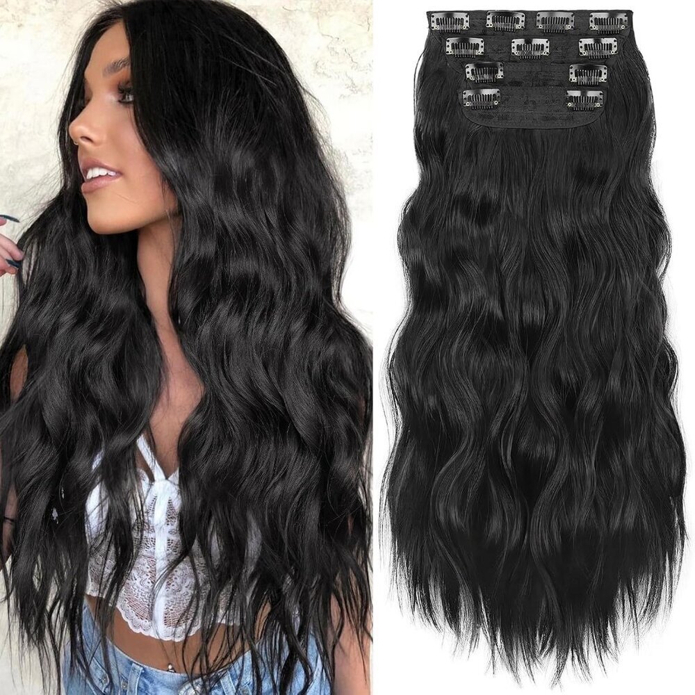 Synthetic Hair Extensions Long Wavy 24 Inches Thick Natural Black Clip-In